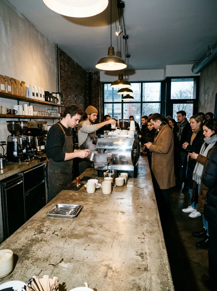 The morning queue along the concrete bar while two baristas work the machine