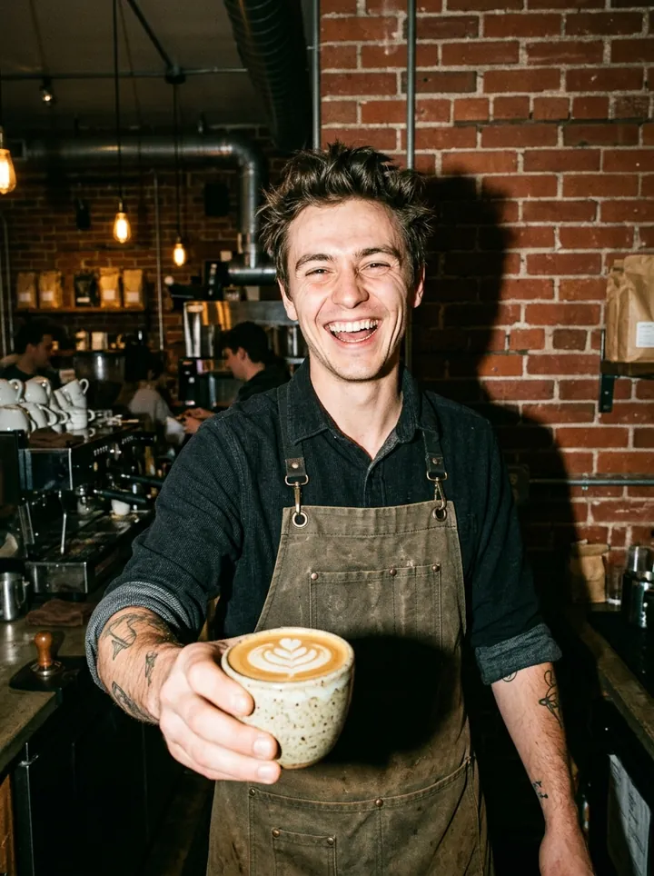 A laughing barista in a canvas apron holding a flat white out to the camera
