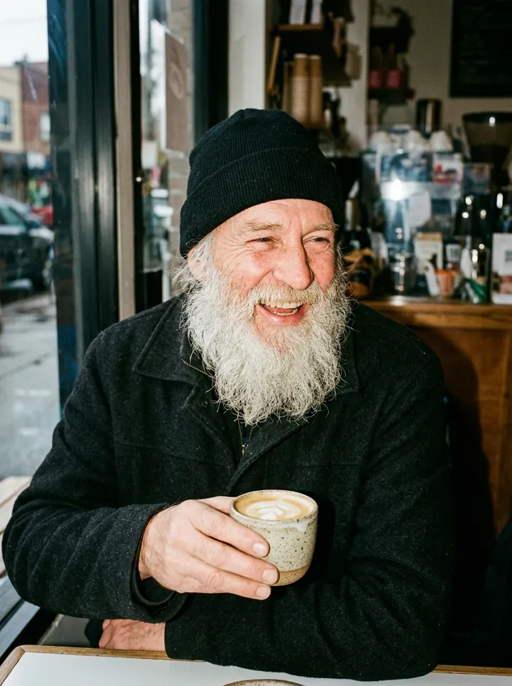 An older regular with a long white beard laughing over a flat white
