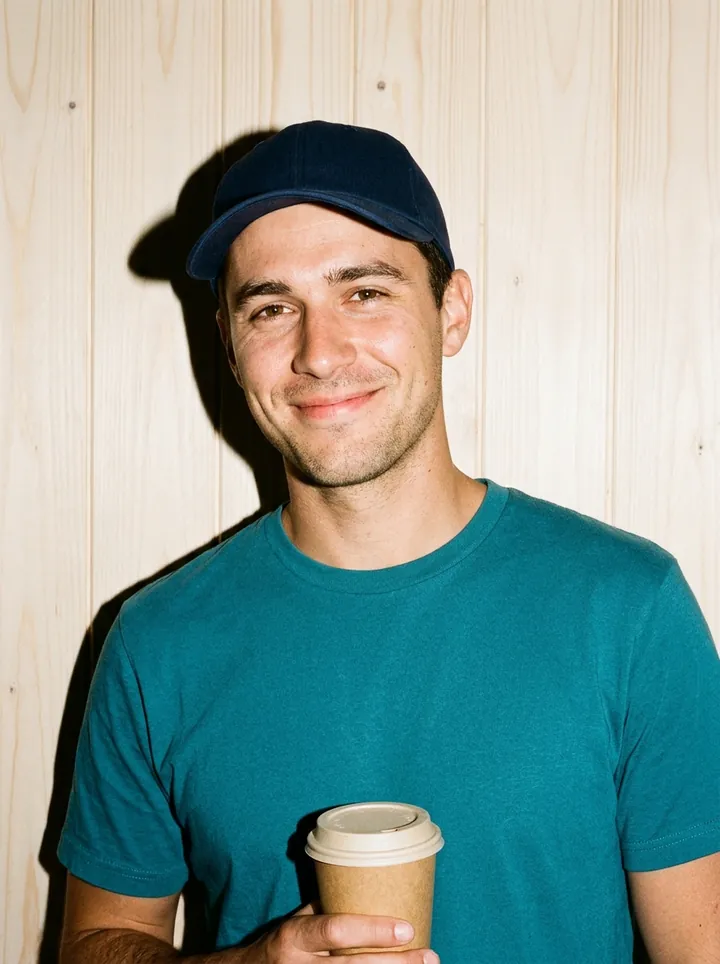 A smiling regular in a navy cap and teal T-shirt holding a takeaway cup