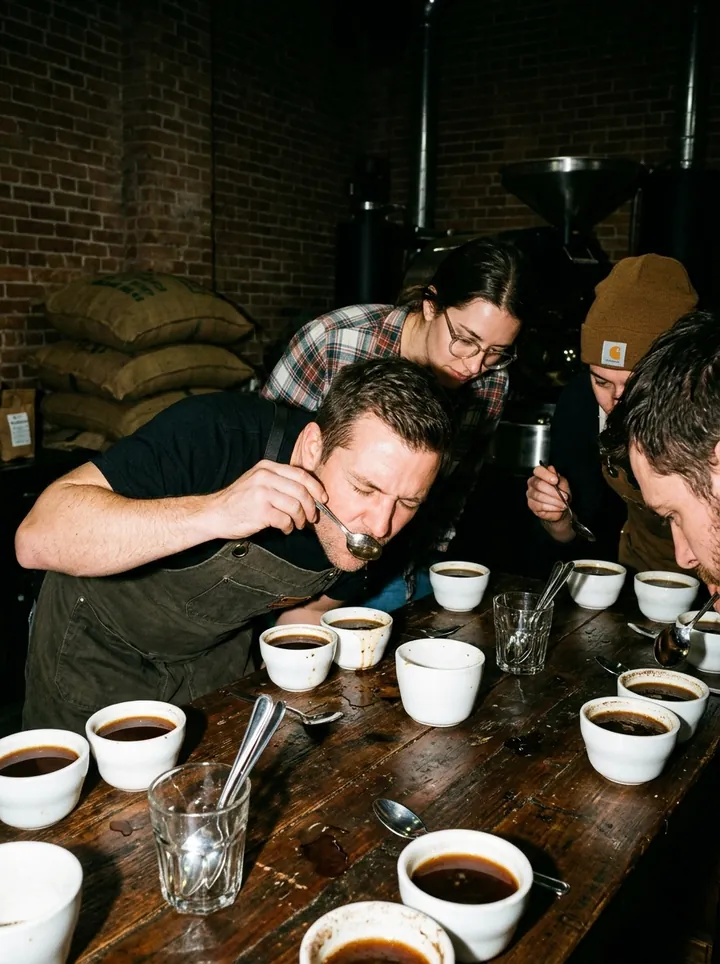 Regulars slurping from cupping spoons around a table of cupping bowls
