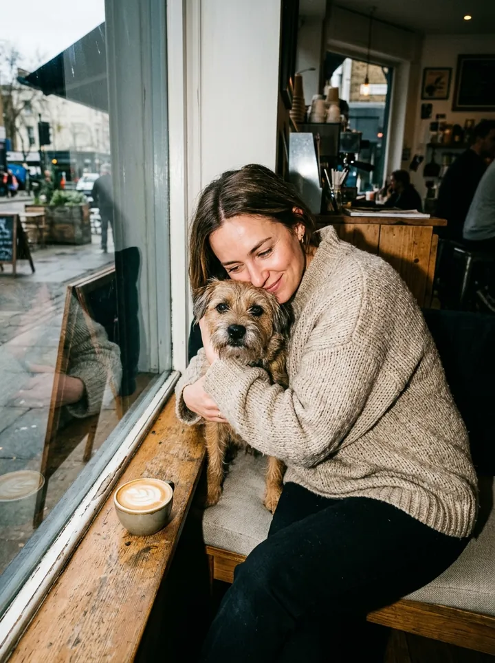 A regular hugging a scruffy terrier at a window seat beside a flat white