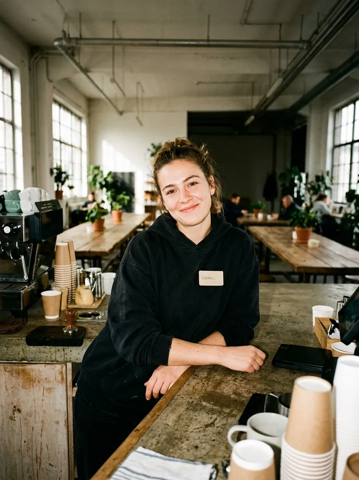 A barista in a black hoodie leaning on the counter in the bright café