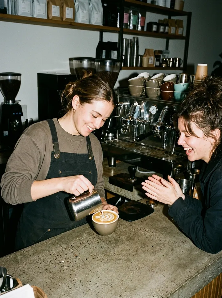 A barista pouring latte art while a friend cheers across the counter