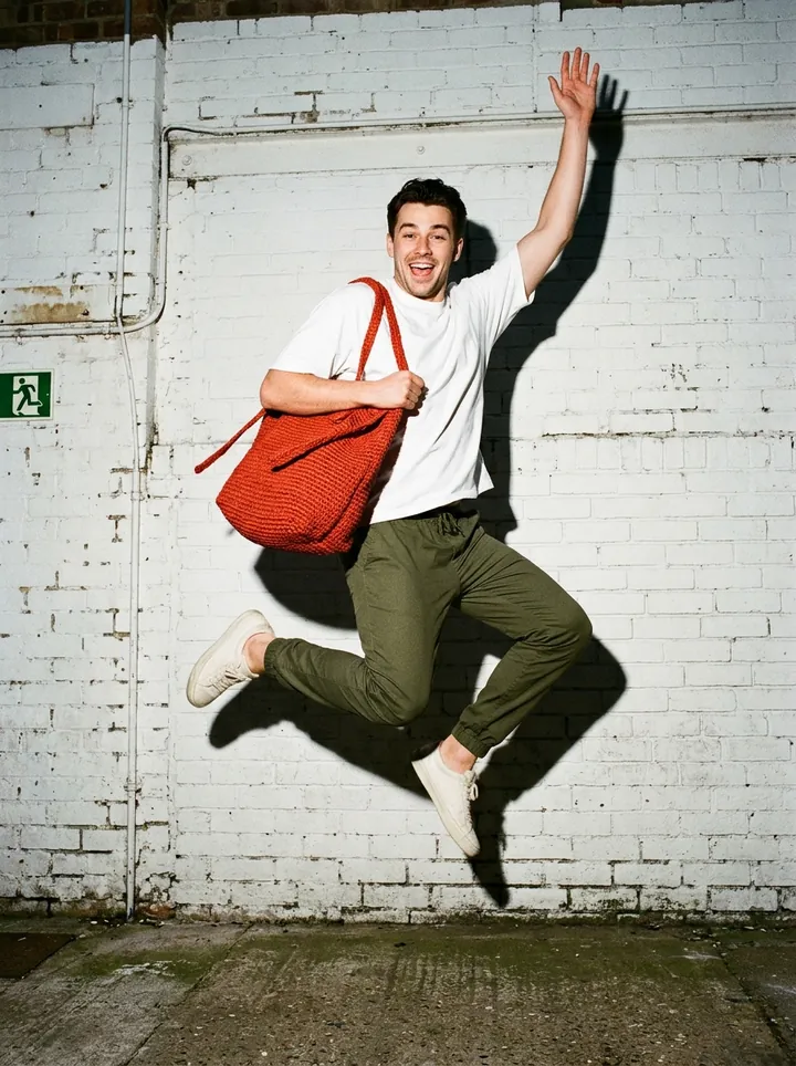 A man leaping in front of a whitewashed brick wall with the red Bloom & Burr tote