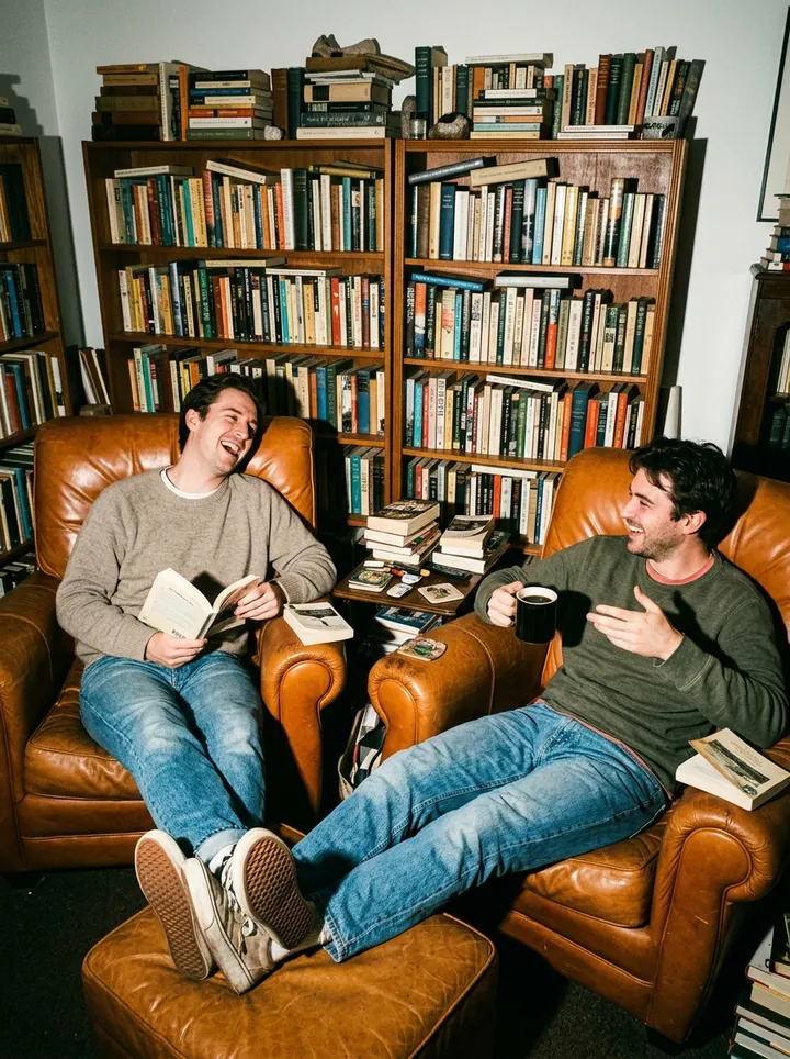 Two friends laughing in leather armchairs in front of a wall of books