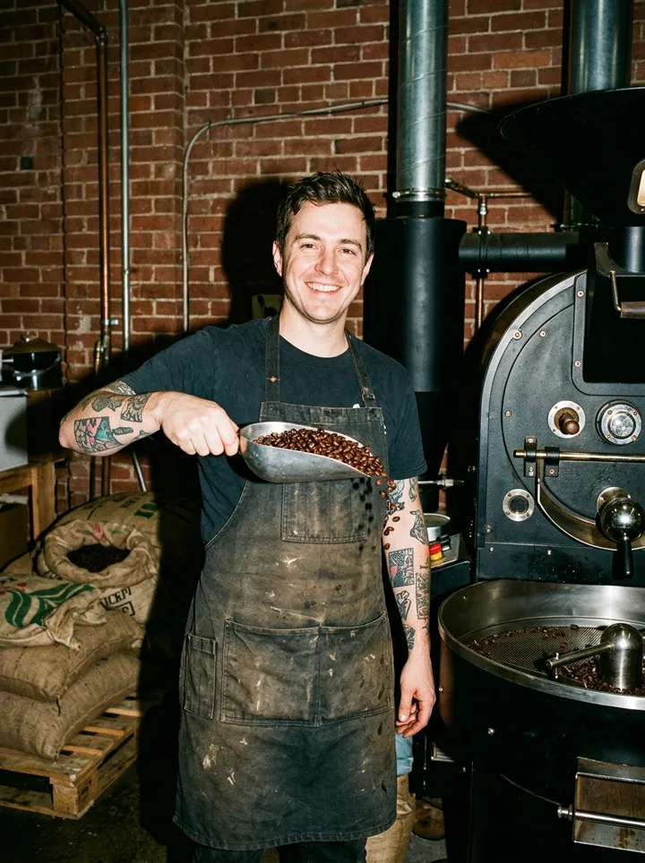 The roaster grinning with a scoop of fresh beans beside the drum