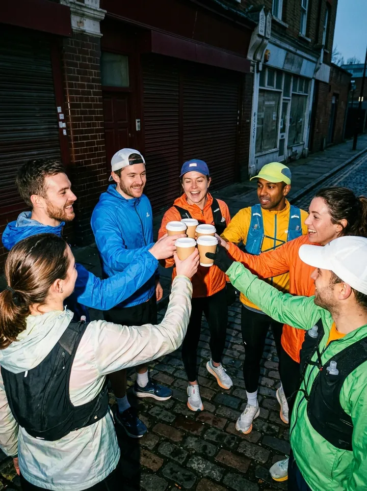 A run club toasting with takeaway cups on a cobbled East London street
