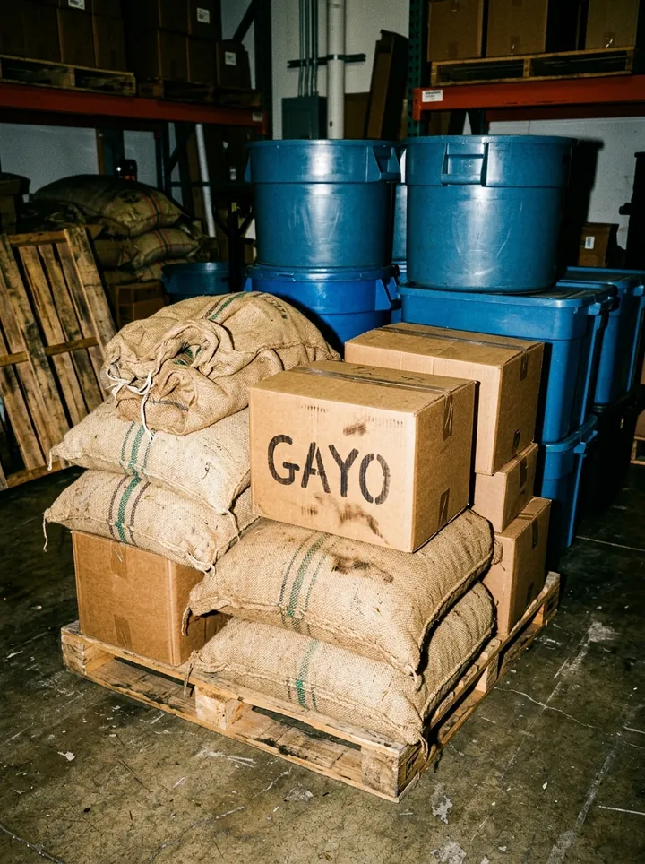 Jute sacks and boxes stencilled GAYO in the roastery store room