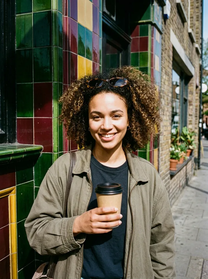 A woman with curly hair smiling with a takeaway coffee in front of green tiles