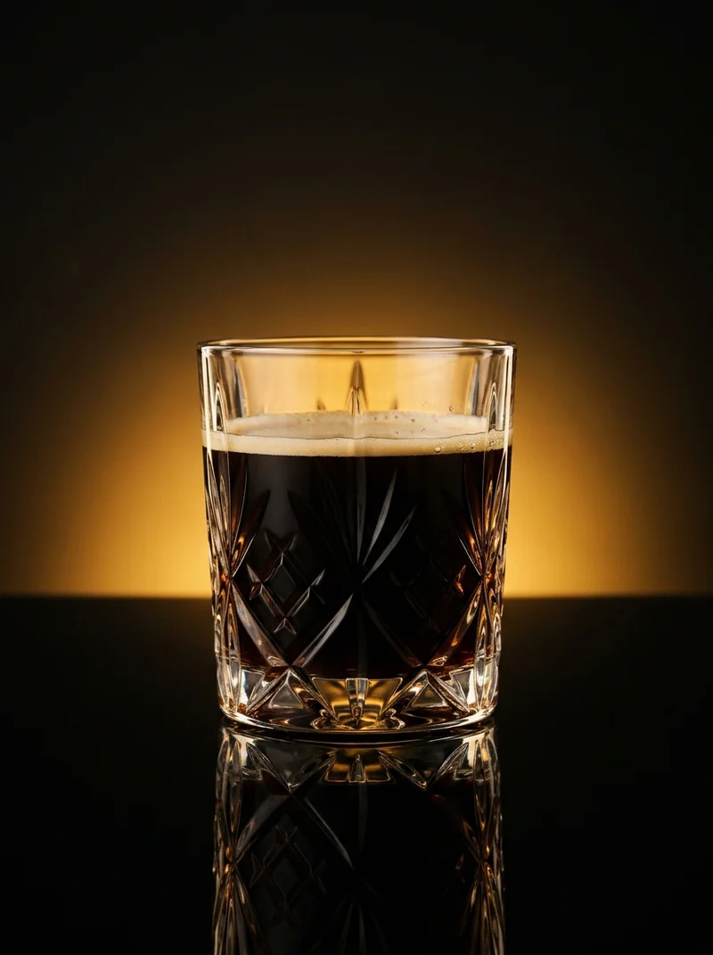 A cut-crystal tumbler of black coffee on a glossy floor against a warm amber glow
