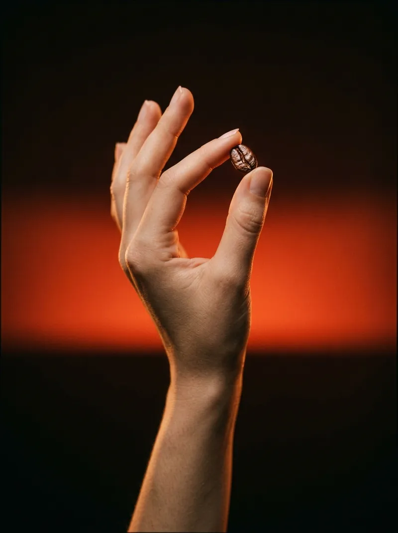 A hand holding a single roasted coffee bean against an ember glow