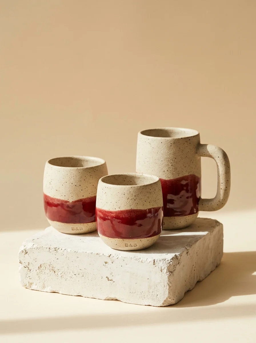 Two speckled stoneware cups and a mug, dipped in cherry-red glaze, on a plaster block