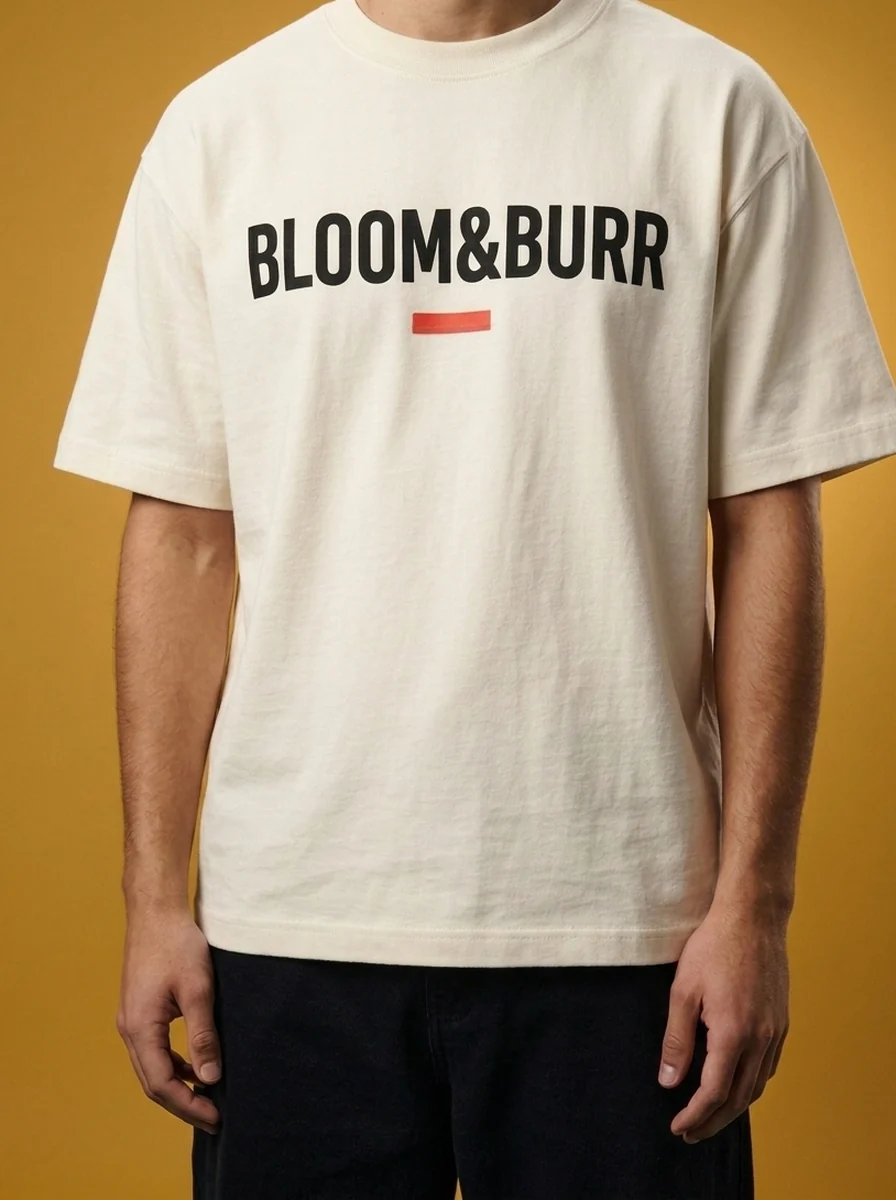 The cream Bloom & Burr heavyweight tee, worn, on a mustard studio sweep