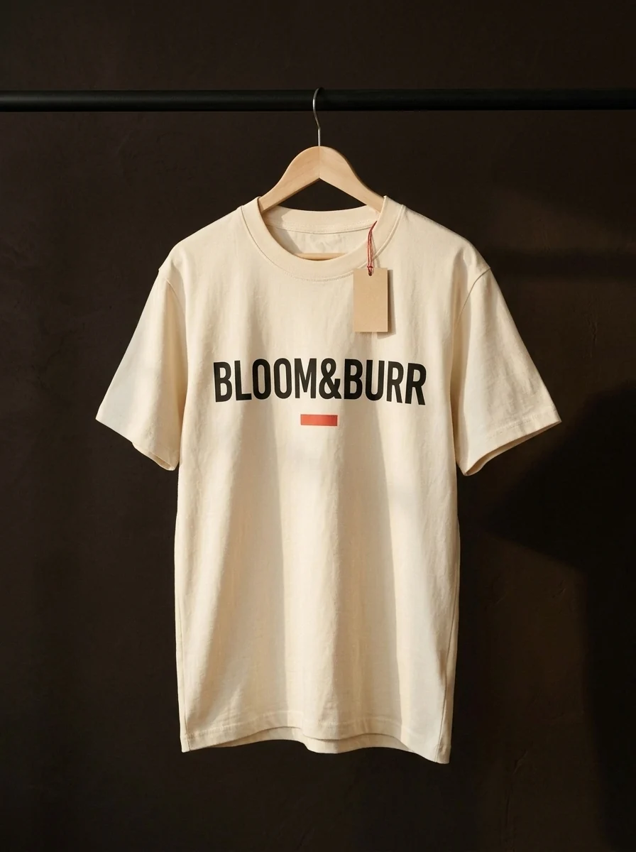 The same tee on a wooden hanger against a dark espresso wall in raking window light