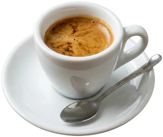 An espresso with thick crema on a white saucer