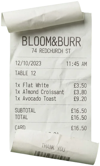 A curled Bloom & Burr till receipt