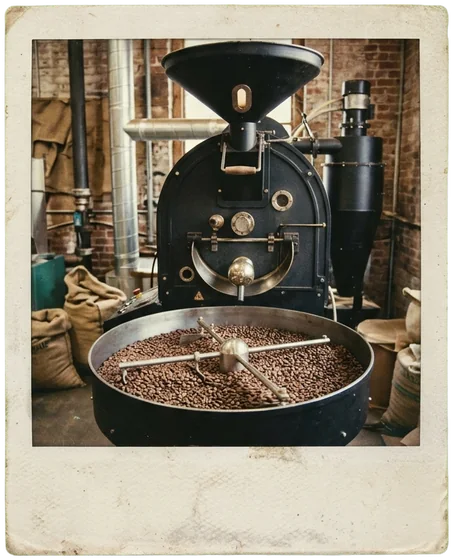 An instant photo of the drum roaster with beans in the cooling tray