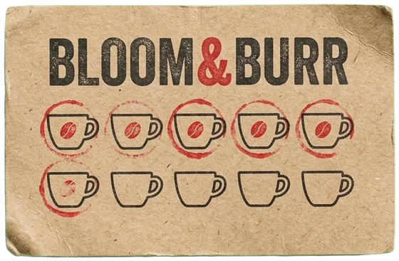 A kraft Bloom & Burr loyalty card with six red stamps