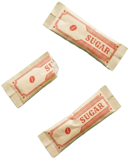 Three red and cream sugar sachets, one torn open