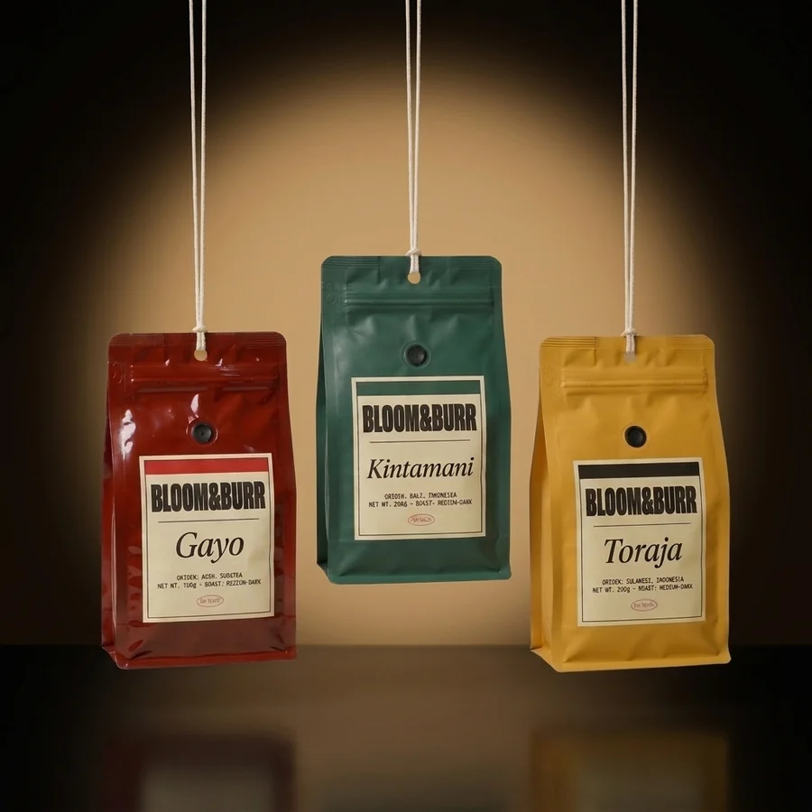 The red Gayo, green Kintamani and mustard Toraja pouches hanging from cotton strings in a warm glow over a dark glossy floor