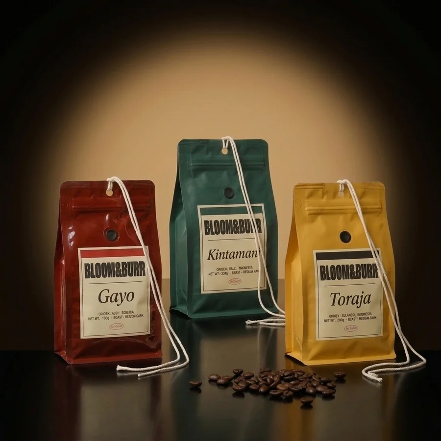 The three pouches standing in a row on the glossy floor, a few roasted beans in front