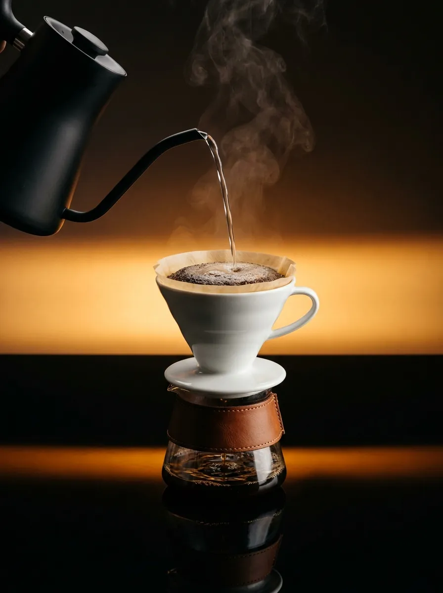 A black gooseneck kettle pouring into a V60 on a glass server, backlit by a golden glow