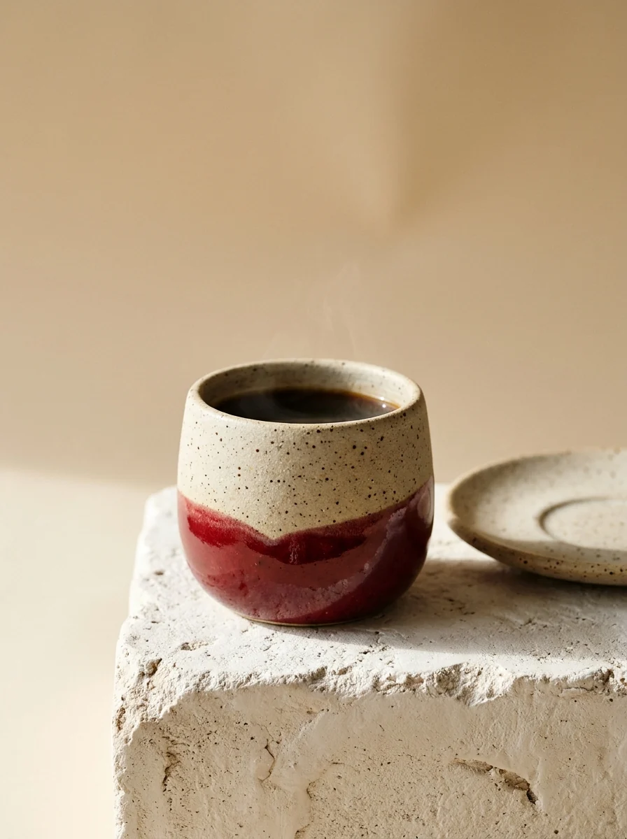 One of the cups filled with black filter coffee beside its saucer