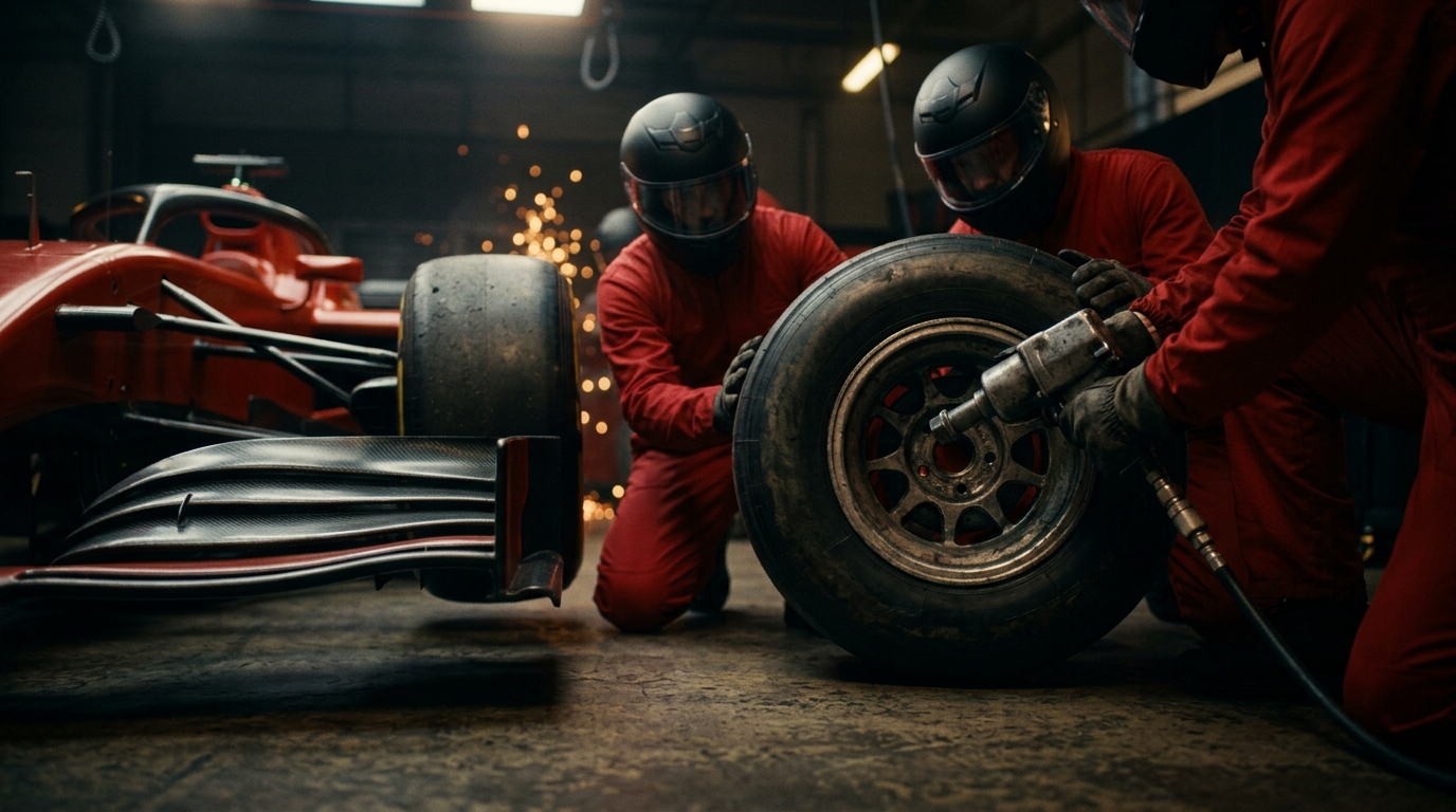 Mechanics in red kit changing the front wheel of the car